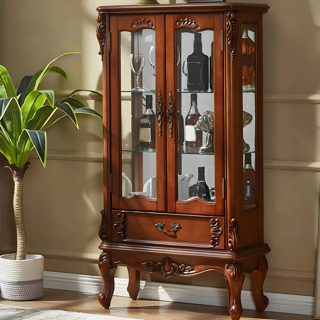 Vitrine en bois marron traditionnel avec portes vitrées