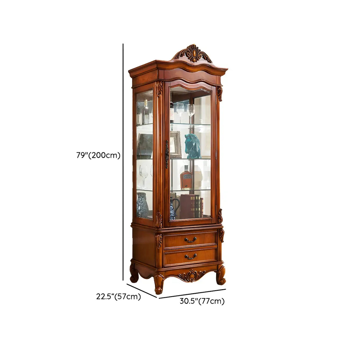 Vitrine en bois marron traditionnel avec portes vitrées