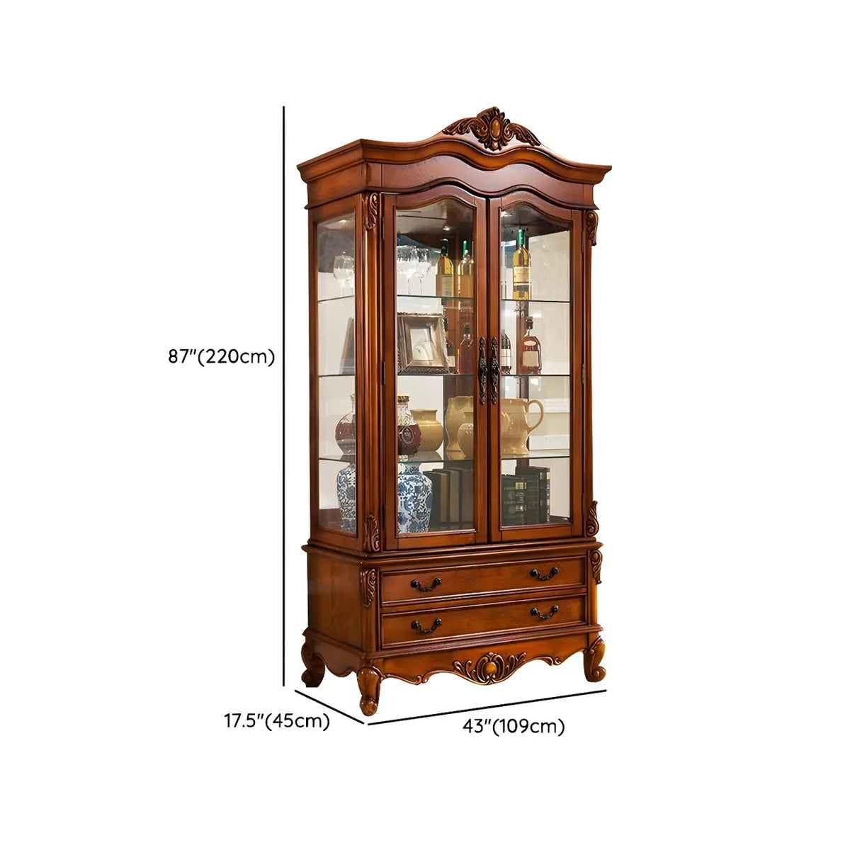 Vitrine en bois marron traditionnel avec portes vitrées