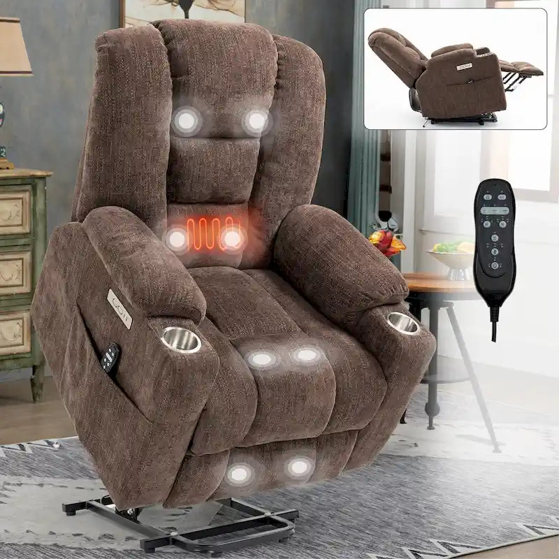 Fauteuil inclinable Power Lift avec massage et chaleur, fauteuils inclinables larges et rembourrés Lazy Boy avec ports USB, Type C et 2 porte-gobelets en acier