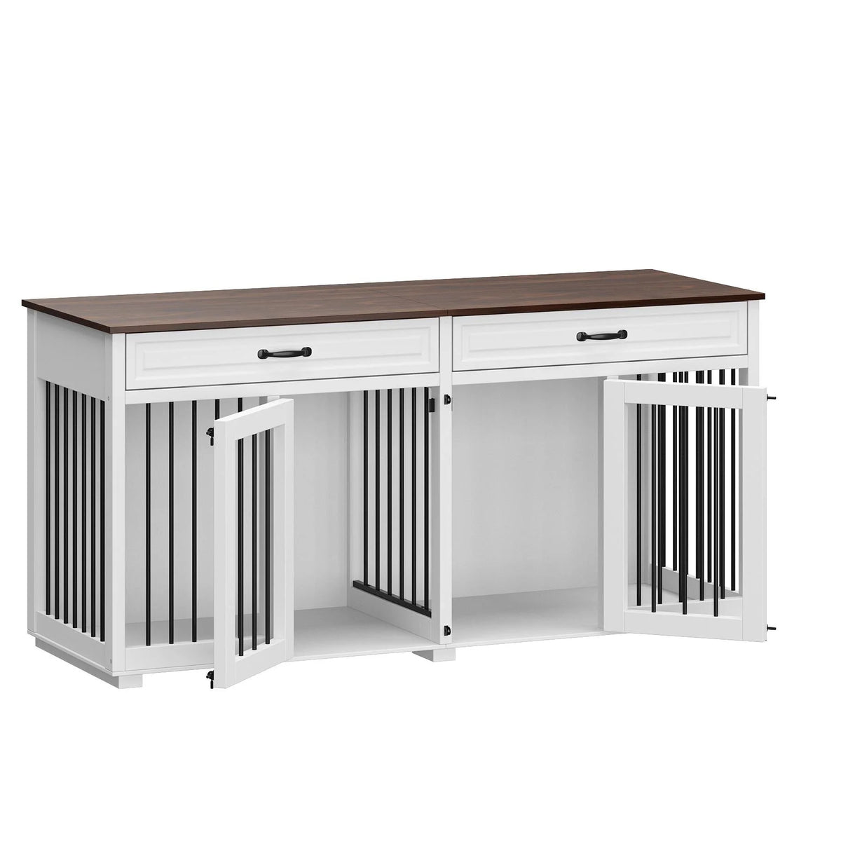 Meuble de chenil double en bois avec 2 tiroirs et séparateur