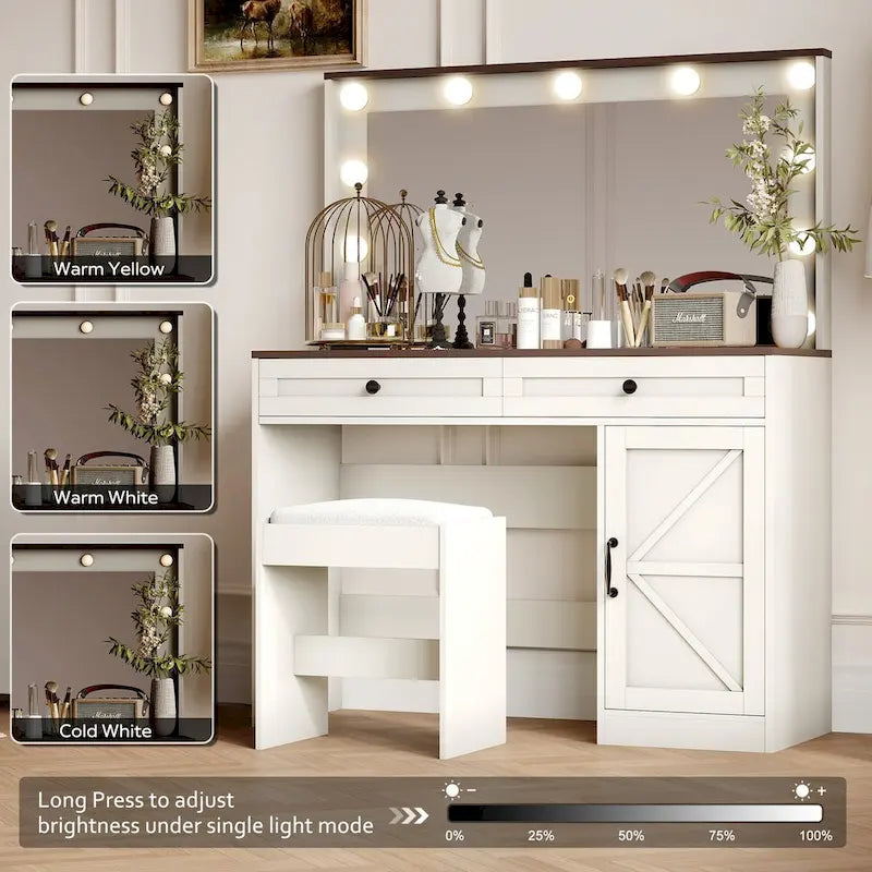 Coiffeuse de ferme Roomfitters avec lumières, coiffeuse avec porte coulissante, table de maquillage à 2 tiroirs avec miroir éclairé