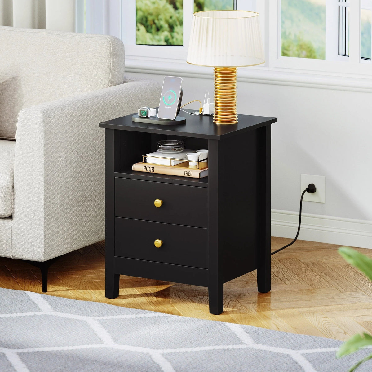 Tables de chevet (lot de 2) avec station de charge, table d'appoint avec 2 tiroirs, ports USB et prises, pour chambre à coucher
