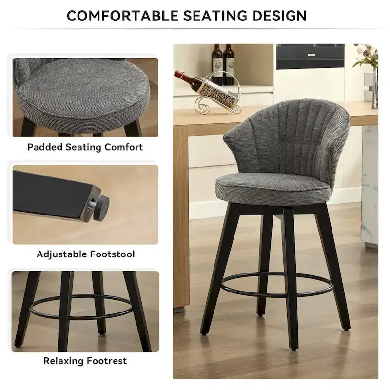 Lot de 2 tabourets de bar pivotants, chaises de salle à manger rembourrées avec large dossier, chaises de hauteur comptoir avec pieds en métal