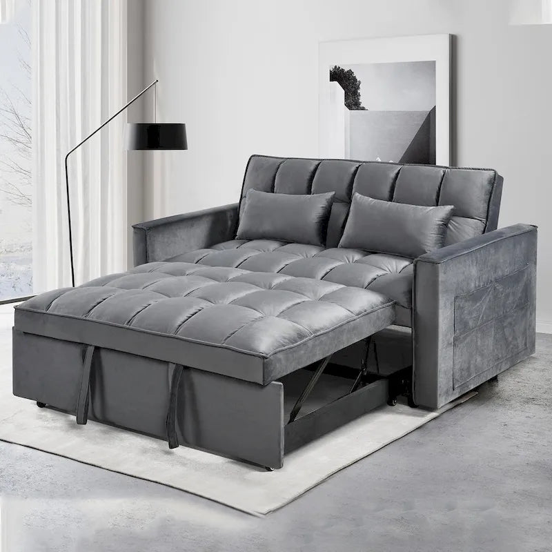 Causeuse futon moderne en velours avec dossier inclinable et poches, 2 places — Gris foncé / Gris clair / Bleu / Noir