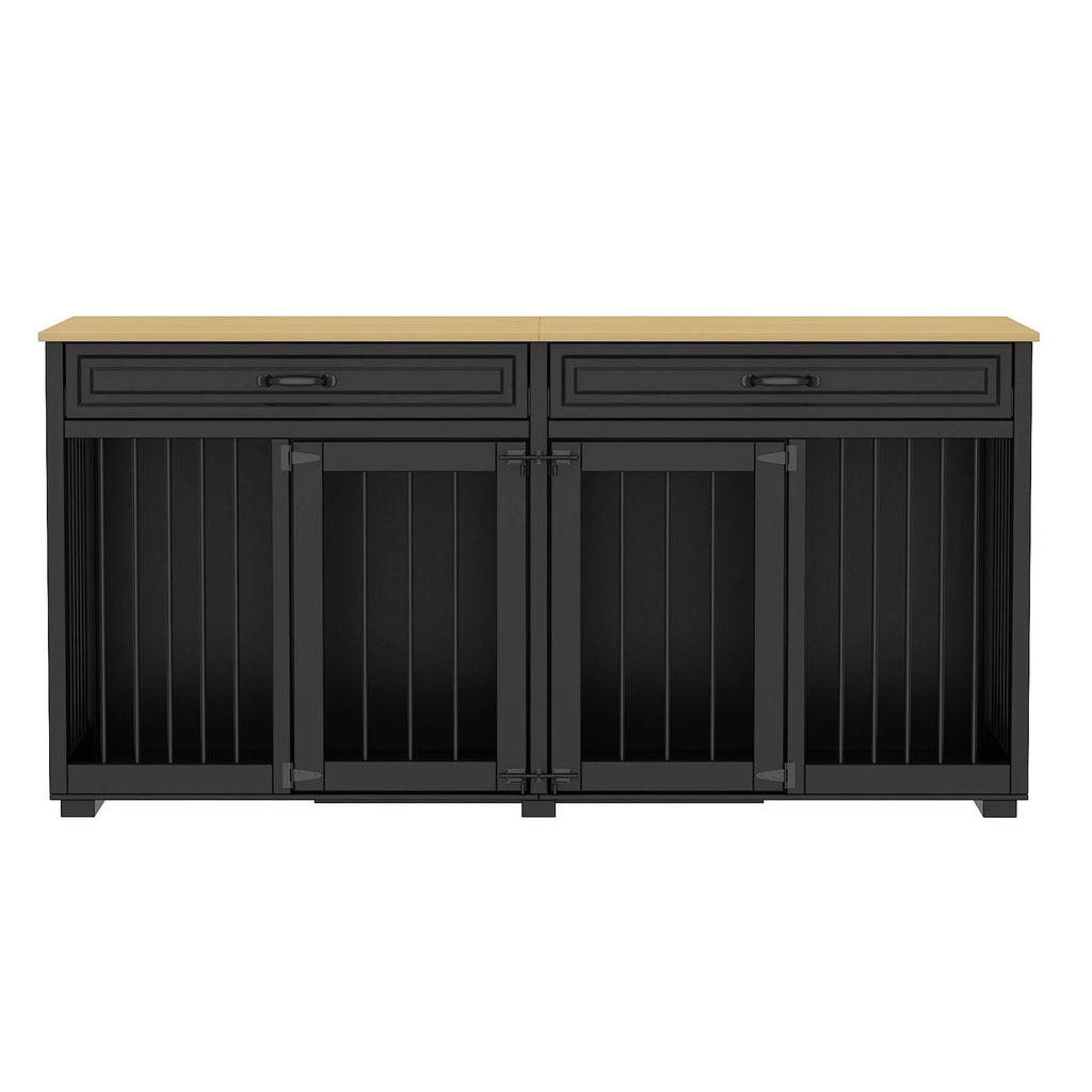 Meuble de chenil double en bois avec 2 tiroirs et séparateur