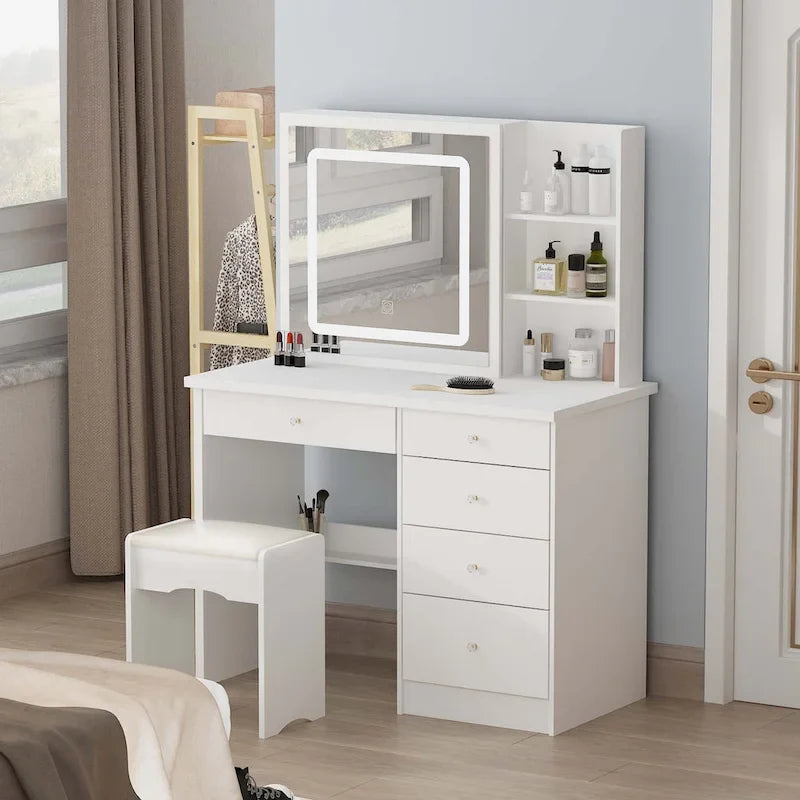 Coiffeuse Blanche avec Miroir LED et Tabouret - 100 cm de Large