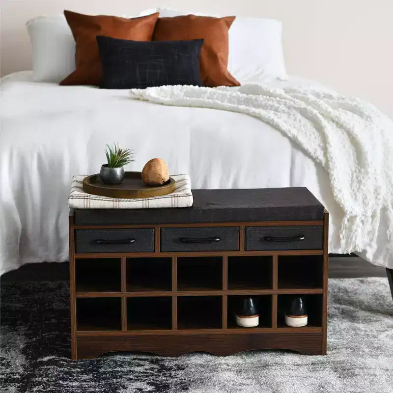 Banc de rangement d'entrée avec 3 tiroirs, 10 compartiments à chaussures et coussin d'assise