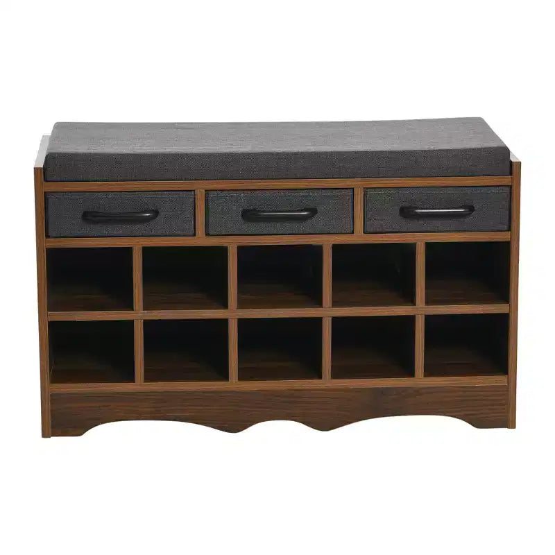 Banc de rangement d'entrée avec 3 tiroirs, 10 compartiments à chaussures et coussin d'assise