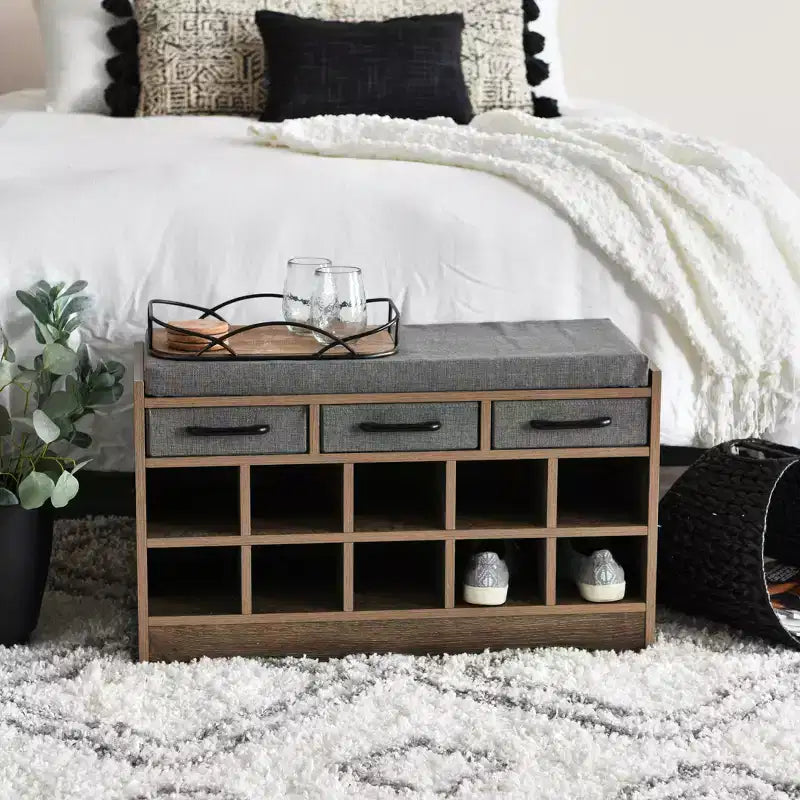 Banc de rangement d'entrée avec 3 tiroirs, 10 compartiments à chaussures et coussin d'assise