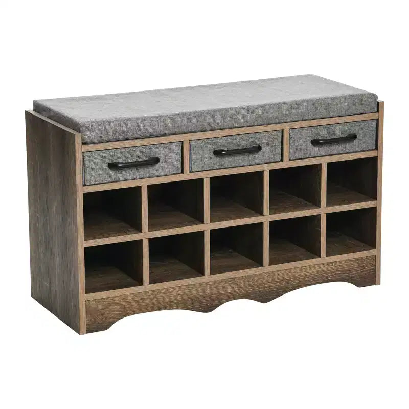 Banc de rangement d'entrée avec 3 tiroirs, 10 compartiments à chaussures et coussin d'assise