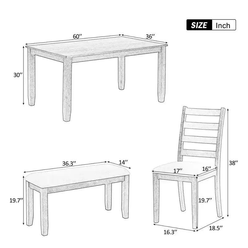 Ensemble de salle à manger Whisen de style rustique 6 pièces avec 4 chaises rembourrées et 1 banc