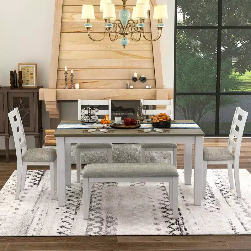 Ensemble de salle à manger Whisen de style rustique 6 pièces avec 4 chaises rembourrées et 1 banc
