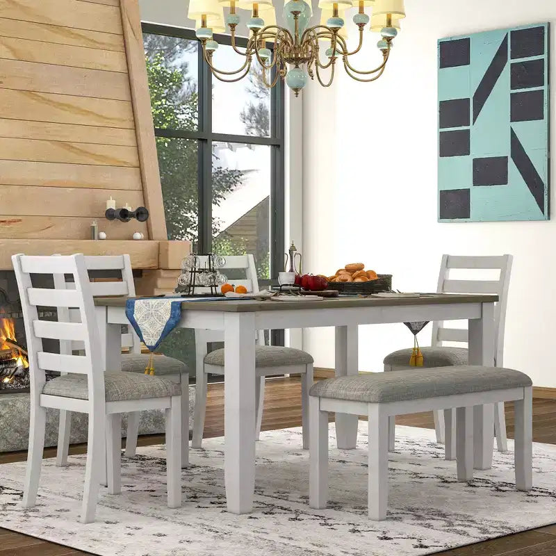 Ensemble de salle à manger Whisen de style rustique 6 pièces avec 4 chaises rembourrées et 1 banc