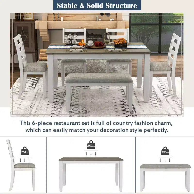 Ensemble de salle à manger Whisen de style rustique 6 pièces avec 4 chaises rembourrées et 1 banc