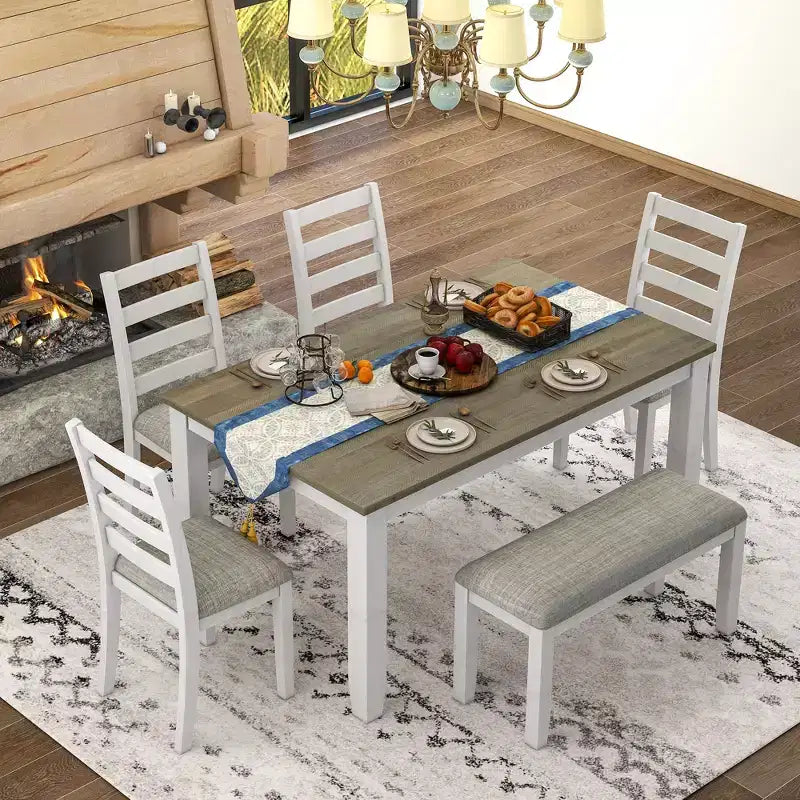 Ensemble de salle à manger Whisen de style rustique 6 pièces avec 4 chaises rembourrées et 1 banc