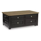 Signature Design by Ashley Drazmine Two-Tone Lift Top Coffee Table with Storage Drawers & Casters, Brown