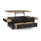 Signature Design by Ashley Drazmine Table basse relevable bicolore avec tiroirs de rangement et roulettes, Marron