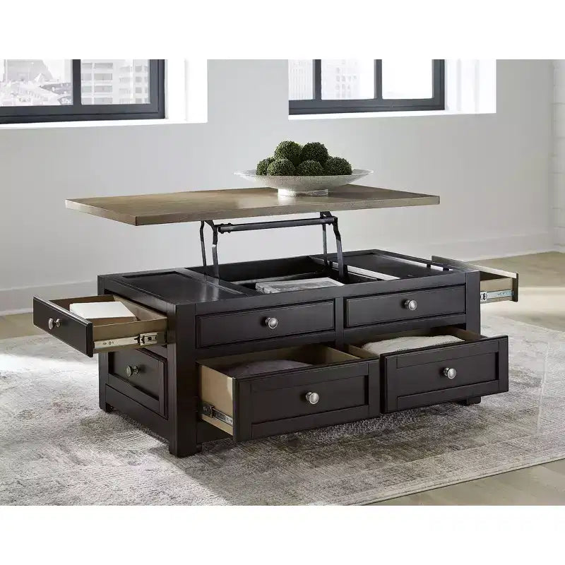 Signature Design by Ashley Drazmine Table basse relevable bicolore avec tiroirs de rangement et roulettes, Marron