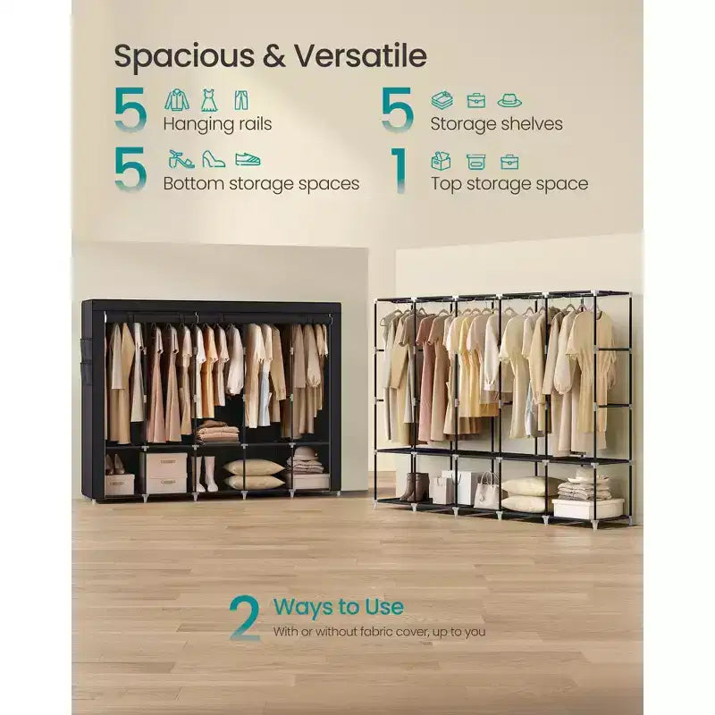 SONGMICS Armoire de Rangement Portable, Penderie de Vêtements avec Housse, 5 Tiges de Suspension et Étagères, 4 Poches Latérales, 211 x 45 x 167 cm Noir Encre