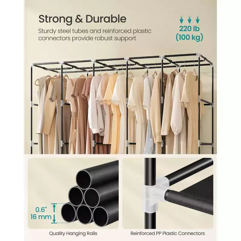 SONGMICS Armoire de Rangement Portable, Penderie de Vêtements avec Housse, 5 Tiges de Suspension et Étagères, 4 Poches Latérales, 211 x 45 x 167 cm Noir Encre
