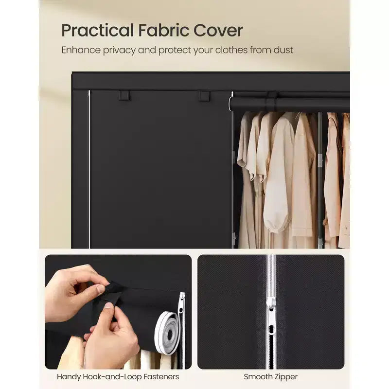SONGMICS Armoire de Rangement Portable, Penderie de Vêtements avec Housse, 5 Tiges de Suspension et Étagères, 4 Poches Latérales, 211 x 45 x 167 cm Noir Encre