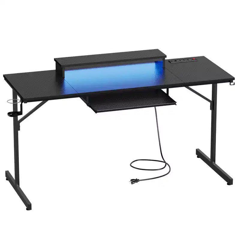 Bureau gaming Bestier 63 avec lumières LED et prises, bureau d'ordinateur avec support d'écran et tiroir clavier pour le bureau à domicile
