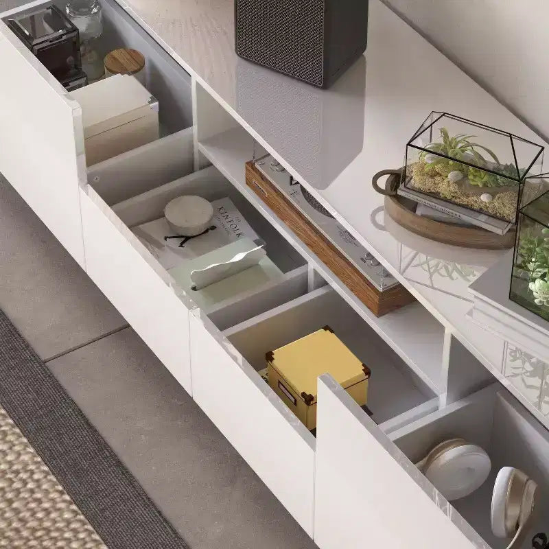 Meuble TV moderne Famapy brillant avec tiroirs et bande lumineuse inférieure.