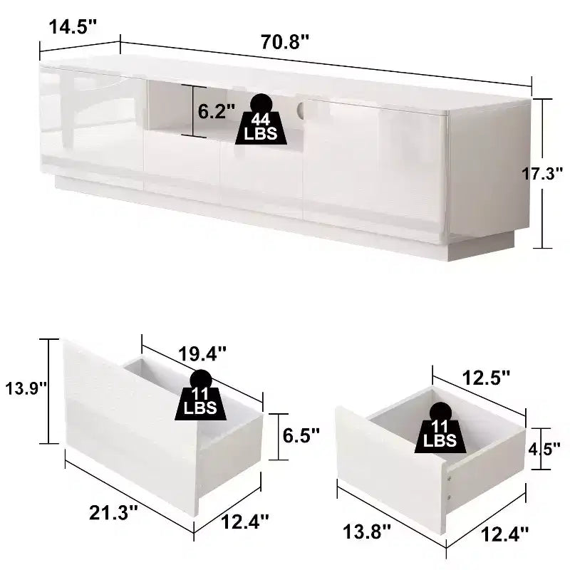 Meuble TV moderne Famapy brillant avec tiroirs et bande lumineuse inférieure.