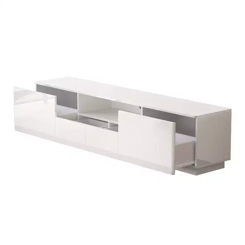 Meuble TV moderne Famapy brillant avec tiroirs et bande lumineuse inférieure.