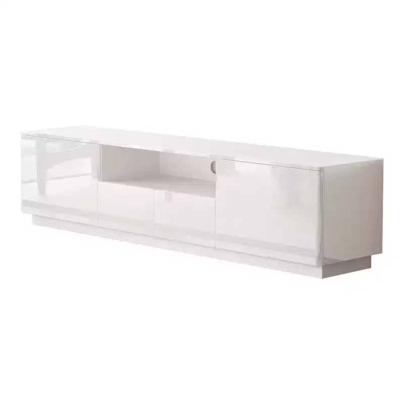 Meuble TV moderne Famapy brillant avec tiroirs et bande lumineuse inférieure.