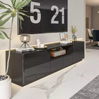 Meuble TV moderne Famapy brillant avec tiroirs et bande lumineuse inférieure.