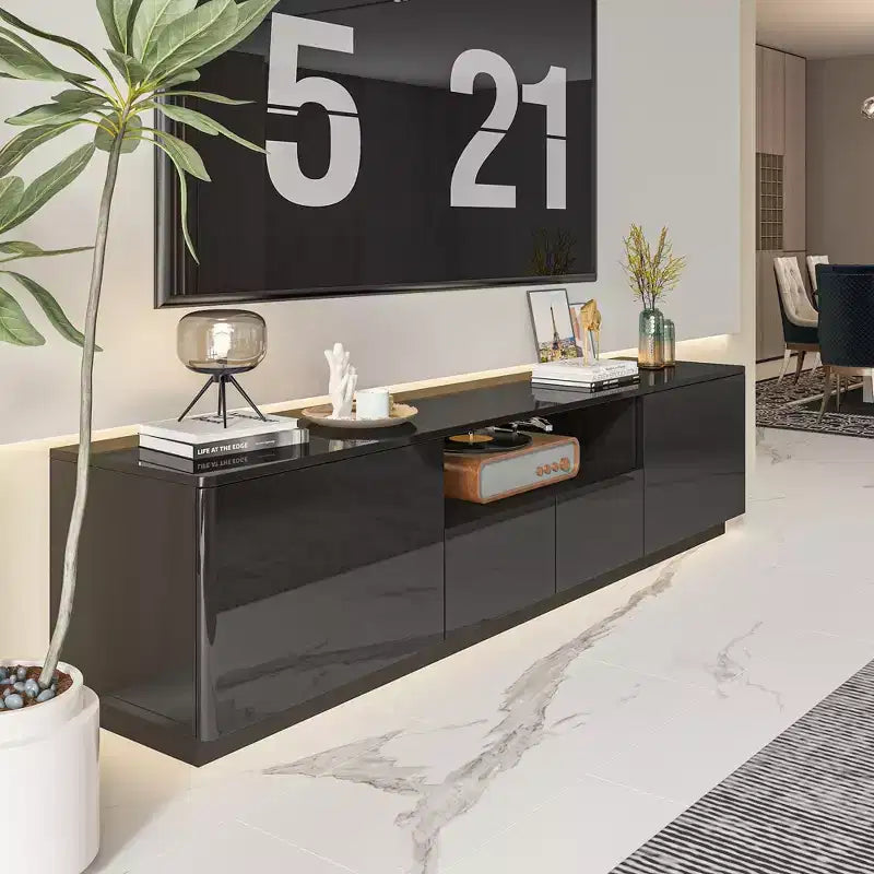 Meuble TV moderne Famapy brillant avec tiroirs et bande lumineuse inférieure.