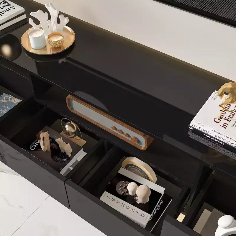 Meuble TV moderne Famapy brillant avec tiroirs et bande lumineuse inférieure.