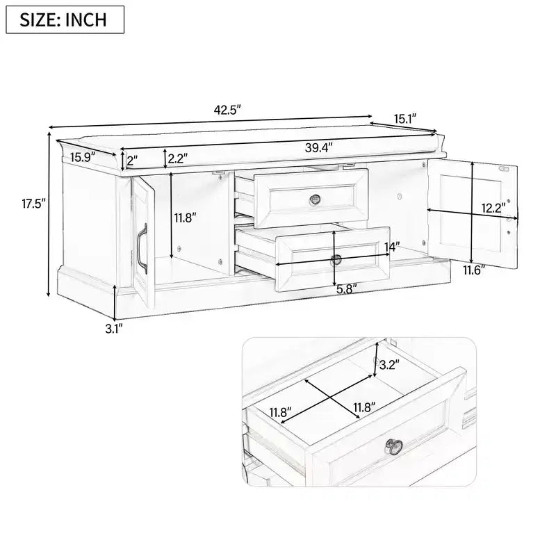 Banc de rangement Whisen de style classique avec 2 tiroirs, 2 placards et coussin amovible