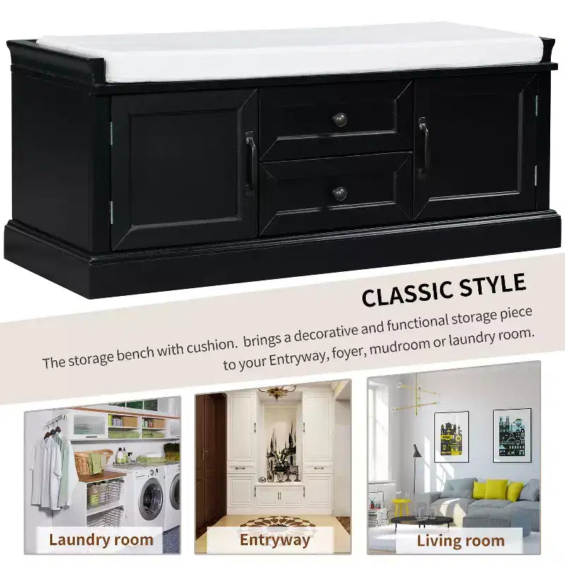 Banc de rangement Whisen de style classique avec 2 tiroirs, 2 placards et coussin amovible