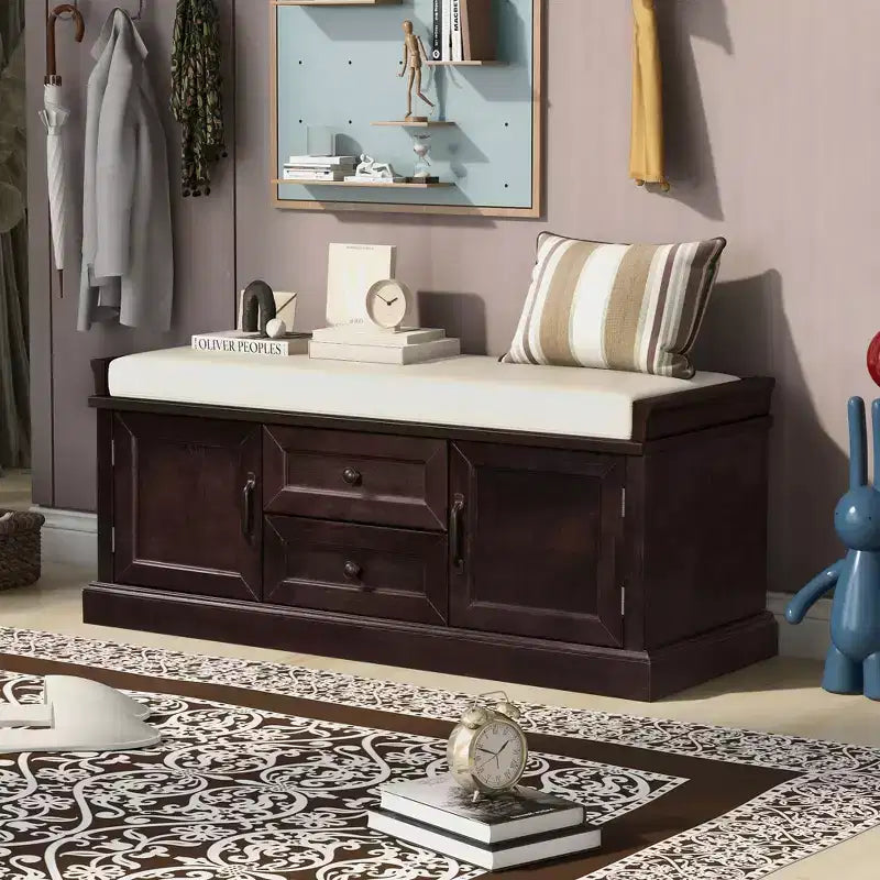 Banc de rangement Whisen de style classique avec 2 tiroirs, 2 placards et coussin amovible