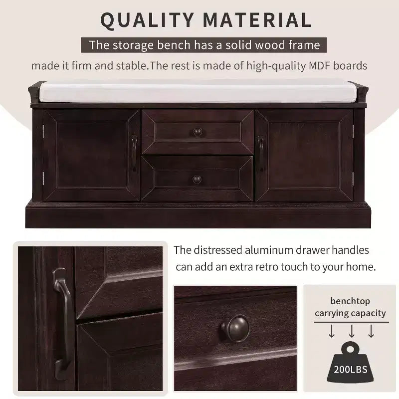 Banc de rangement Whisen de style classique avec 2 tiroirs, 2 placards et coussin amovible