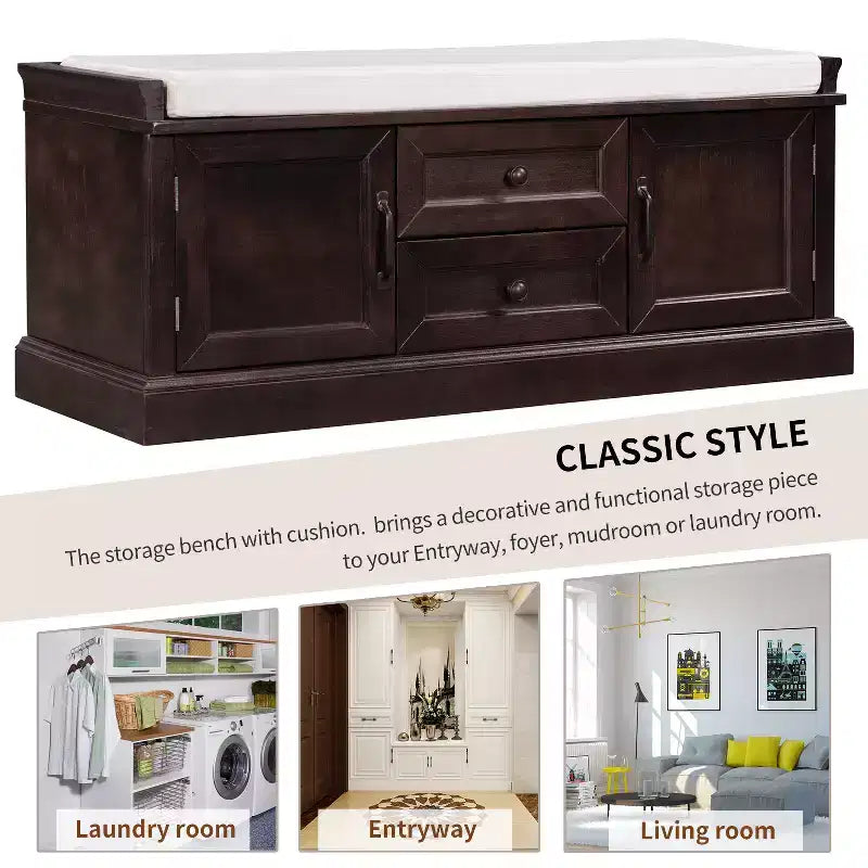 Banc de rangement Whisen de style classique avec 2 tiroirs, 2 placards et coussin amovible