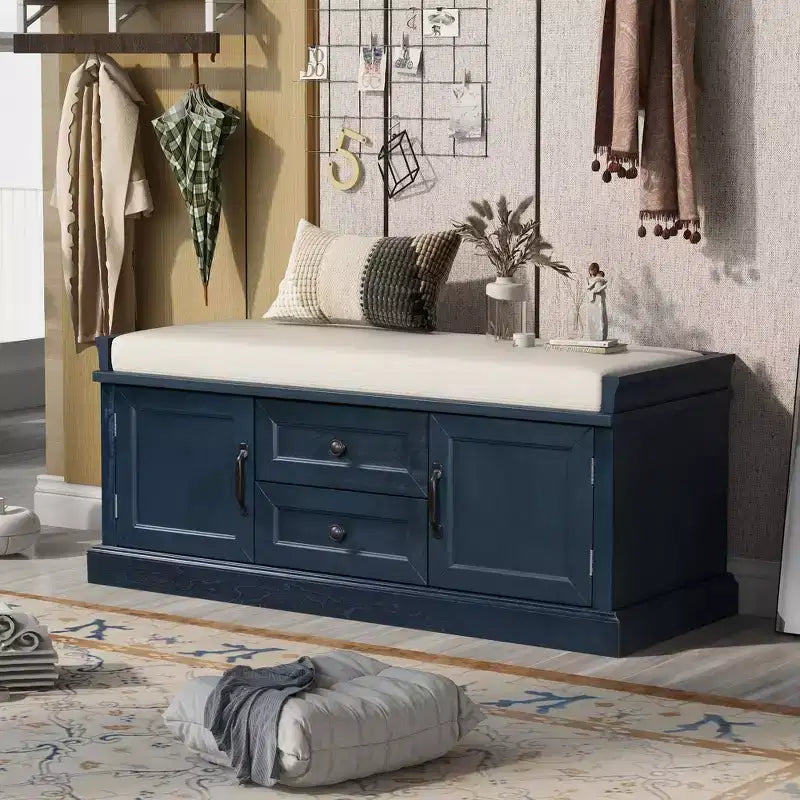 Banc de rangement Whisen de style classique avec 2 tiroirs, 2 placards et coussin amovible