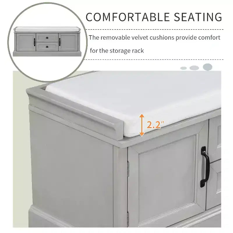 Banc de rangement Whisen de style classique avec 2 tiroirs, 2 placards et coussin amovible