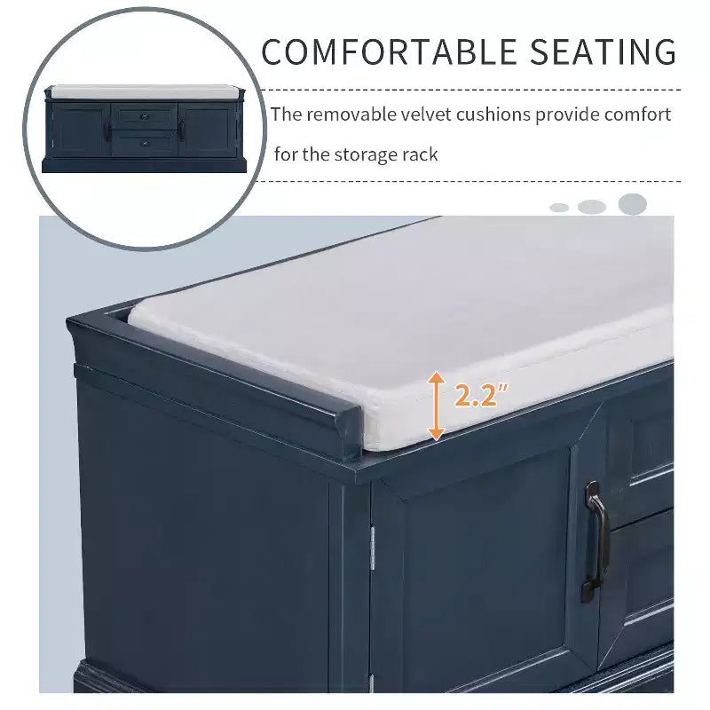 Banc de rangement Whisen de style classique avec 2 tiroirs, 2 placards et coussin amovible