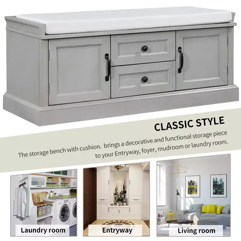 Banc de rangement Whisen de style classique avec 2 tiroirs, 2 placards et coussin amovible