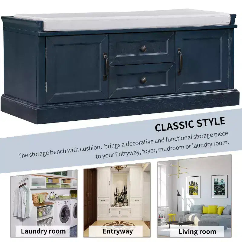 Banc de rangement Whisen de style classique avec 2 tiroirs, 2 placards et coussin amovible