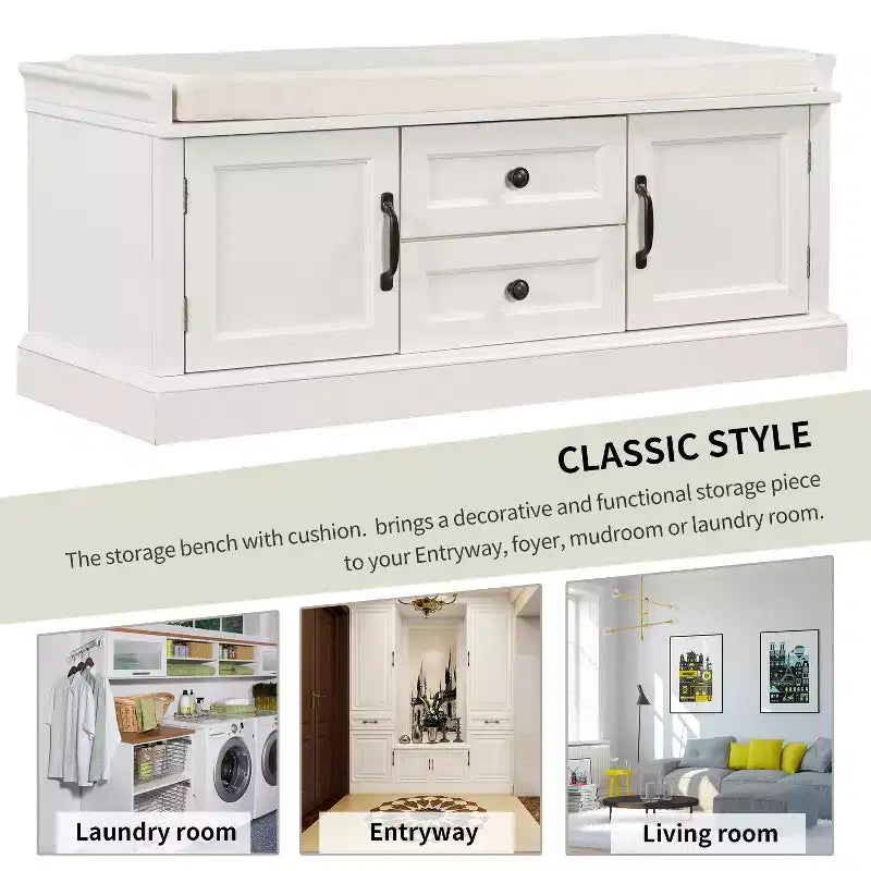 Banc de rangement Whisen de style classique avec 2 tiroirs, 2 placards et coussin amovible