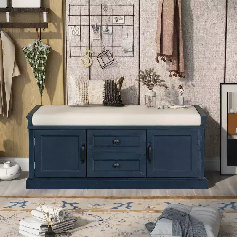 Whisen Classic Style Storage Bench with 2-Drawers,2-Cabinets and Removable Cushion