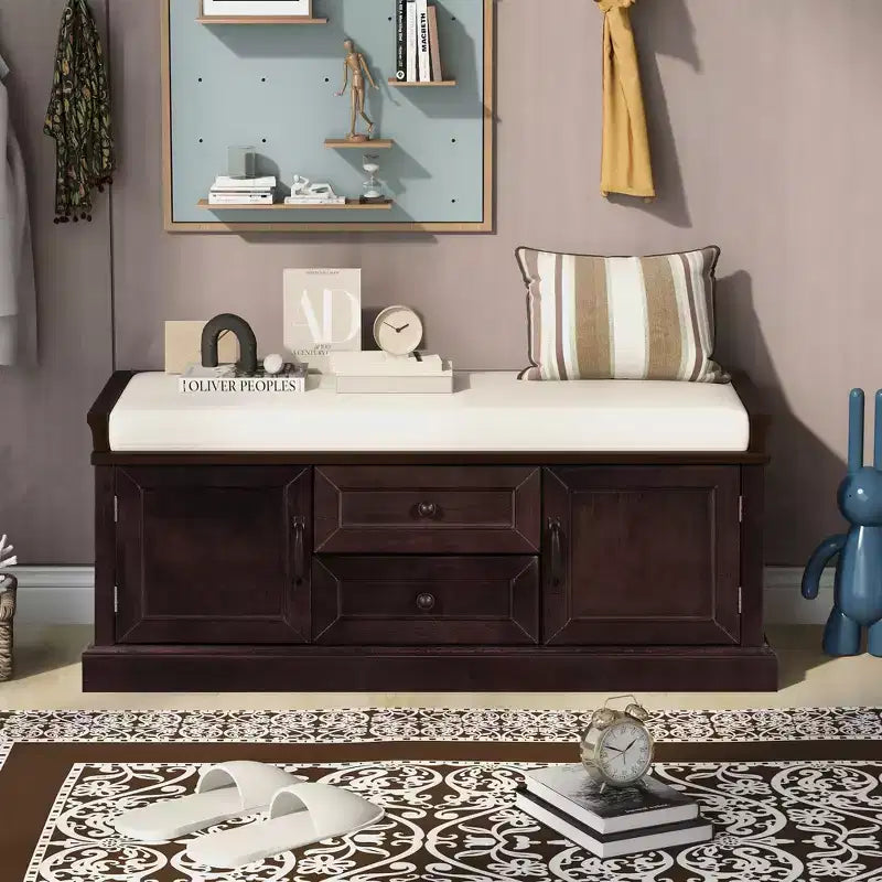Banc de rangement Whisen de style classique avec 2 tiroirs, 2 placards et coussin amovible