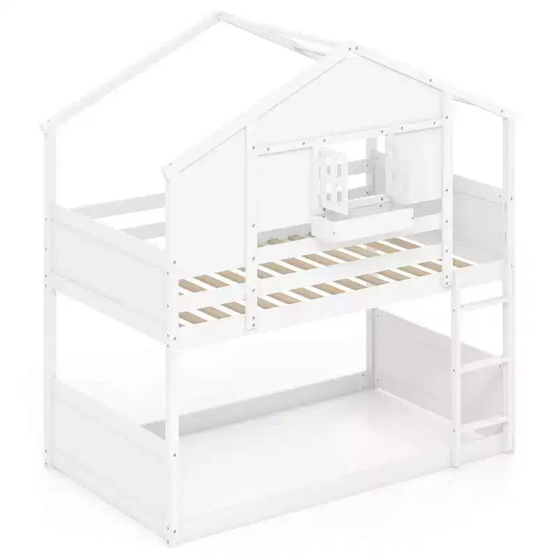 Lit superposé Costway pour enfants, avec toit, fenêtre verrouillable, boîte de rangement et lattes en bois