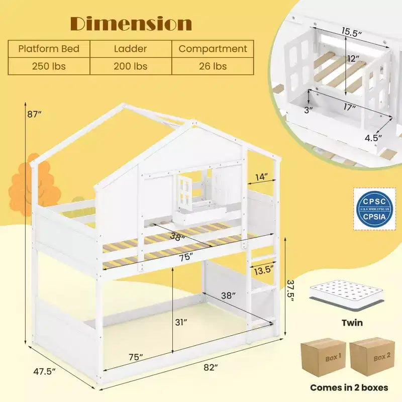 Lit superposé Costway pour enfants, avec toit, fenêtre verrouillable, boîte de rangement et lattes en bois