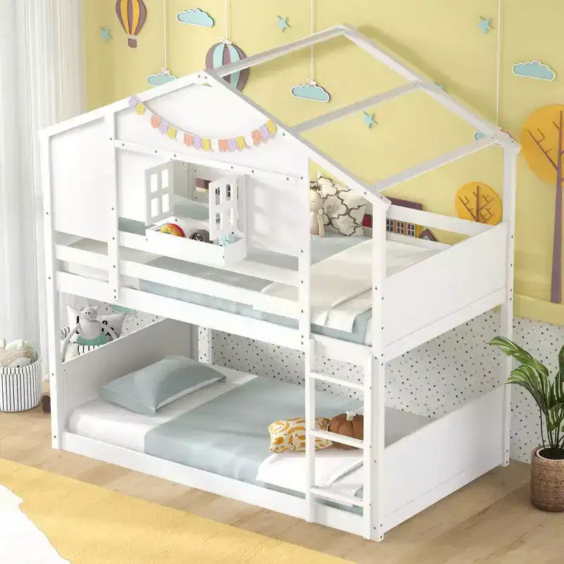 Lit superposé Costway pour enfants, avec toit, fenêtre verrouillable, boîte de rangement et lattes en bois
